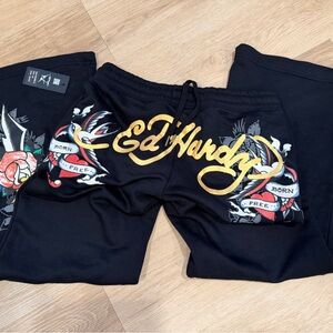 Ed Hardy Black Sweatpants with Gold and Red Graphics